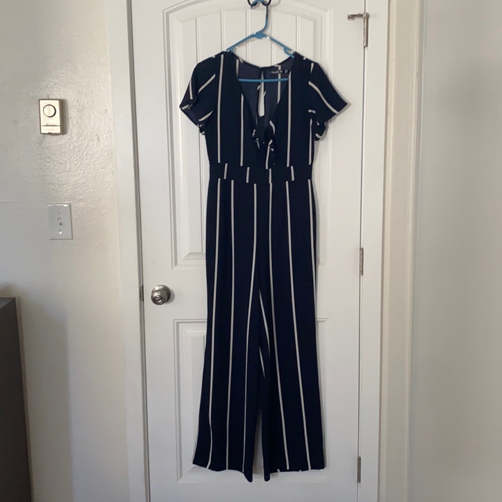 Navy and white jumpsuit